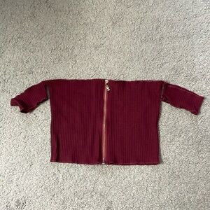 Wine Red Full Zip Off The Shoulder Ribbed Crop Top | Size Medium
